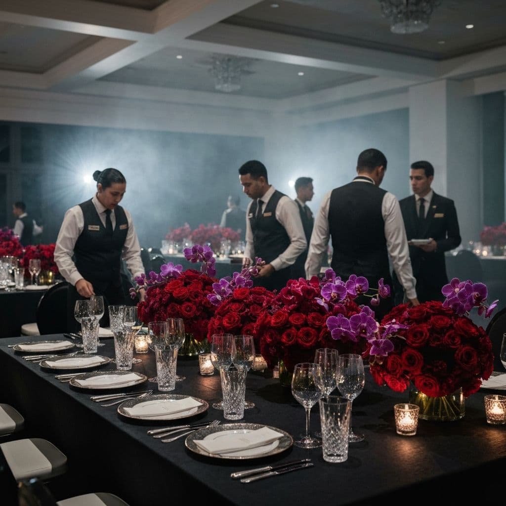 Mise en scène d'une réception BAYA — tables dressées, ambiance feutrée